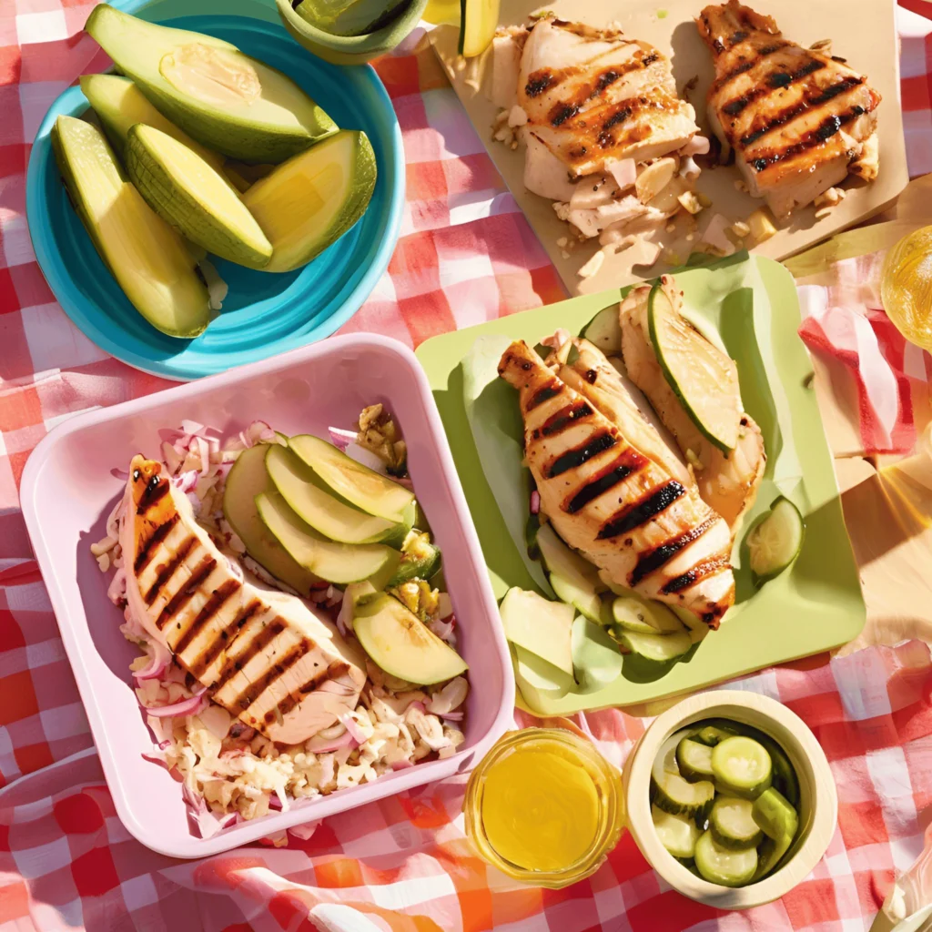 Grilled chicken and avocado with sides on a picnic blanket.