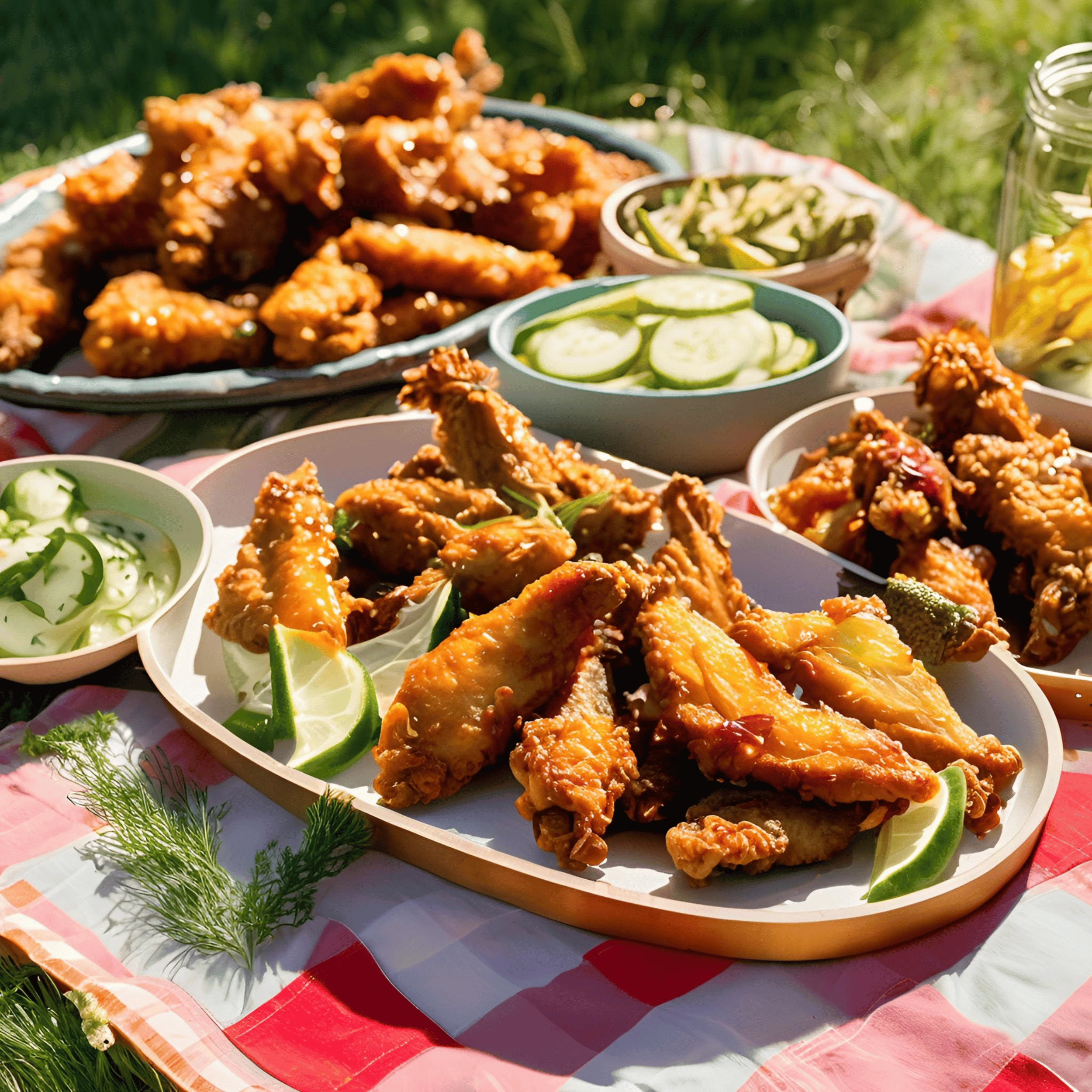 Three plates of crispy fried chicken wings with various sauces and pickled vegetables on a picnic blanket.