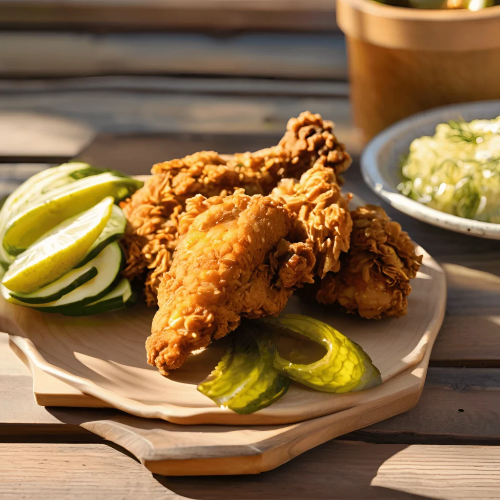 Crispy fried chicken on a wooden plate with sliced cucumbers and a side dish in a bowl.