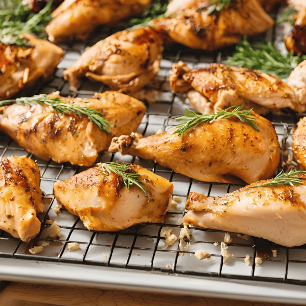 Roasted rosemary chicken pieces on a wire rack