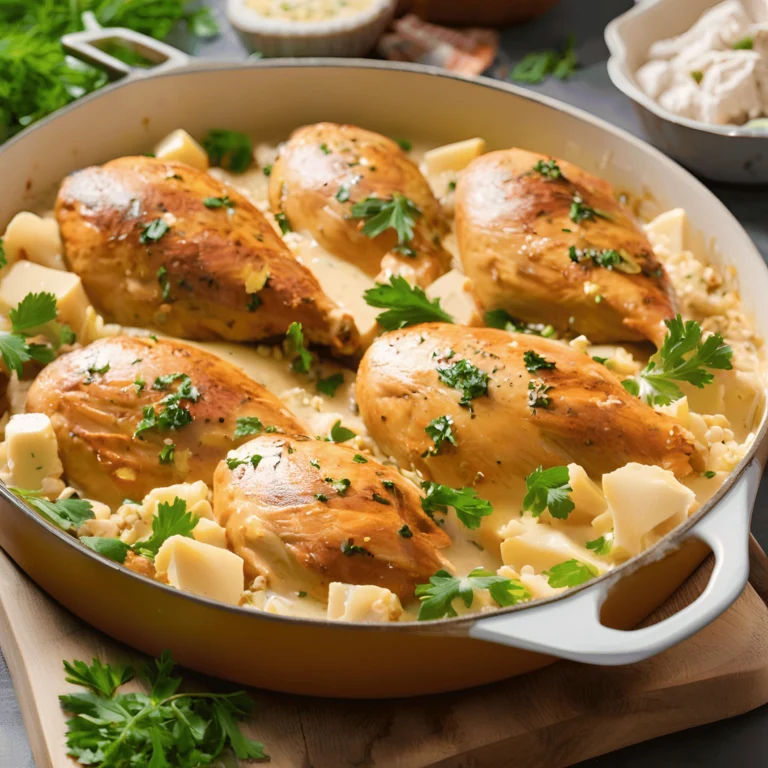 Chicken breasts in a creamy white sauce with onions and other ingredients in a pan.Polish Chicken