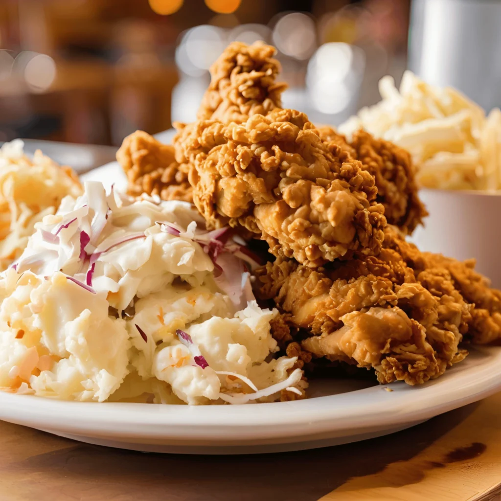 Plate of fried chicken, coleslaw, and french fries.