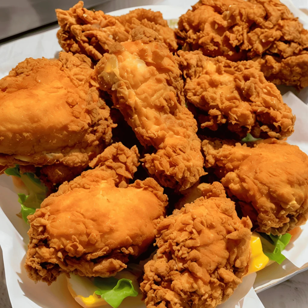 Close-up of golden brown, crispy fried chicken pieces.