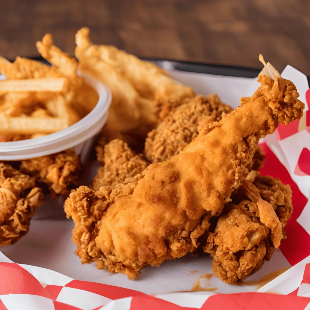 Close-up of crispy fried chicken and french fries in a basket lined with checkered paper.