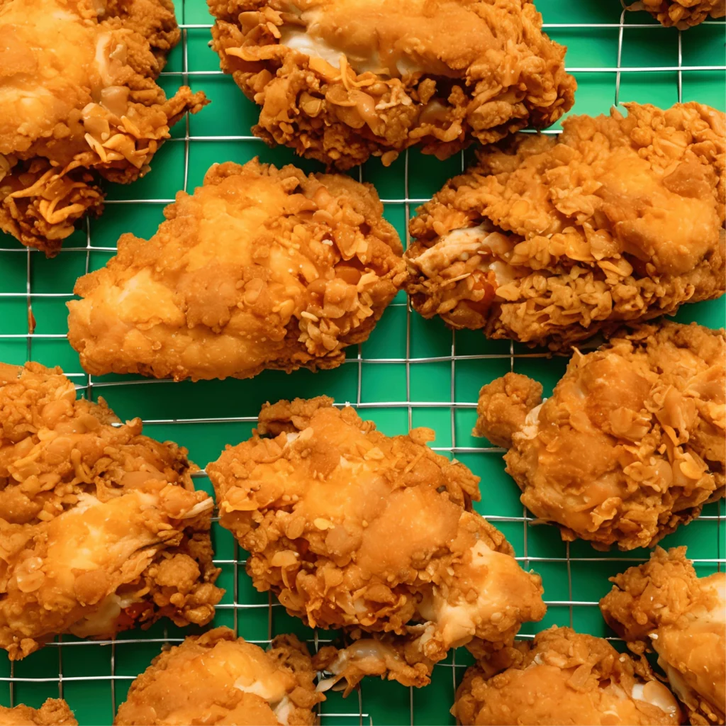 Close-up of crispy fried chicken on a wire cooling rack.