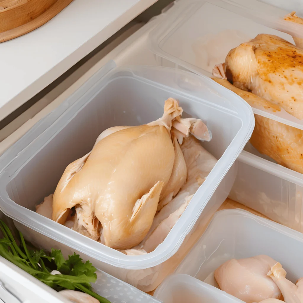 Raw chicken pieces in meal prep containers in a refrigerator.