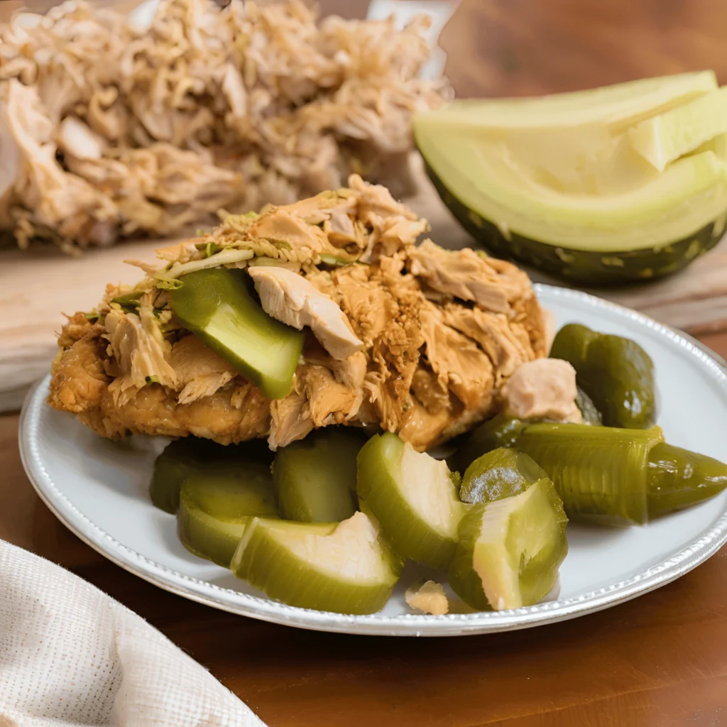 Fried chicken dish topped with shredded chicken and pickled vegetables on a plate.Chicken and Pickle