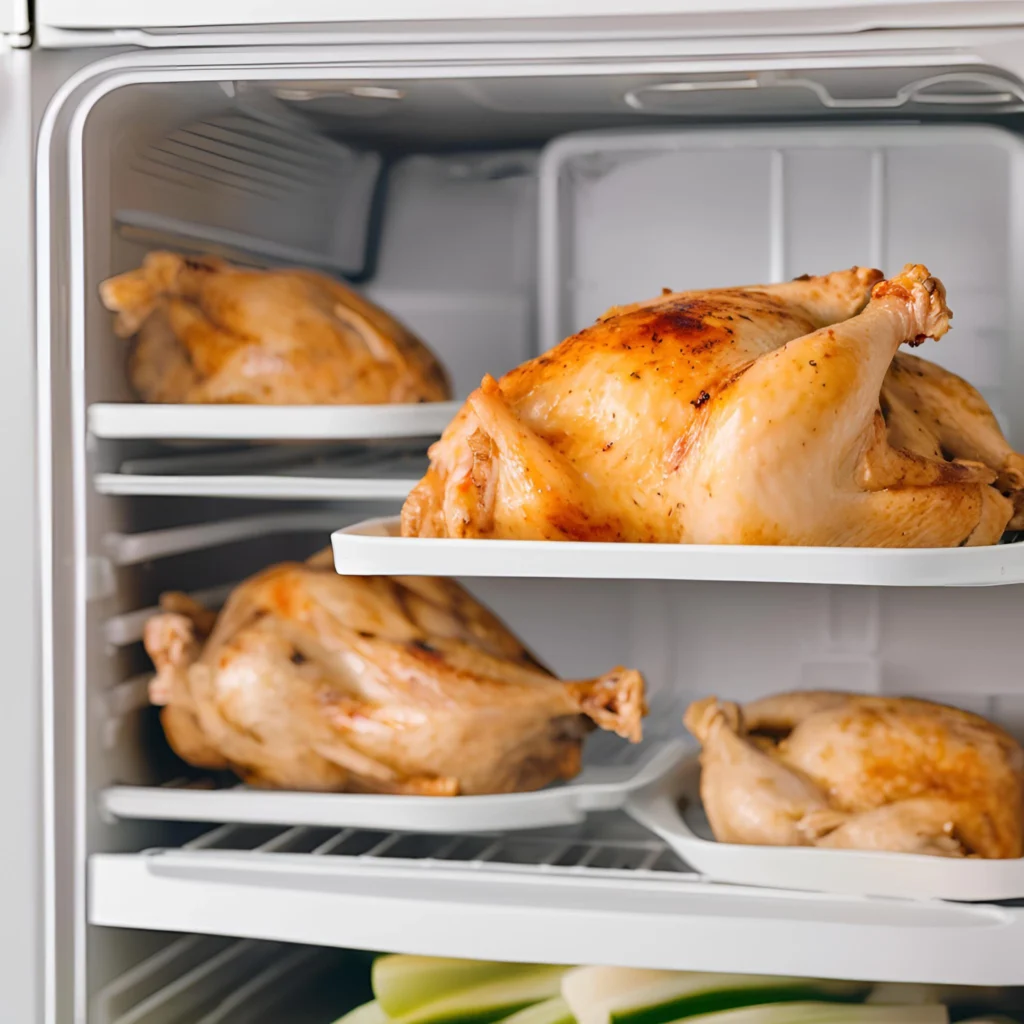 Three roasted chickens stored in a refrigerator.